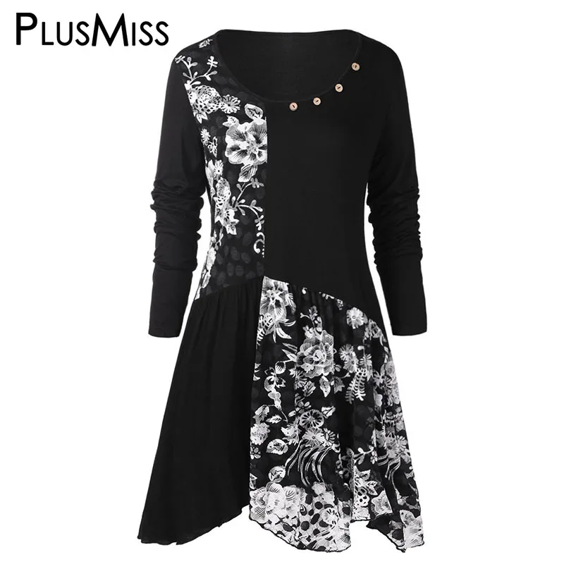 

PlusMiss Plus Size 5XL Floral Flower Printed Long Blouse Women Winter Black Vintage Long Sleeve Tops Big Size XXXXL XXXL XXL