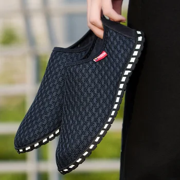 

GOXPACER Summer Mesh Casual Shoes Slip On Shoes Men Breathable Flat Heel Soft Sole Fashion Solid Color Walking Flats Plus Size