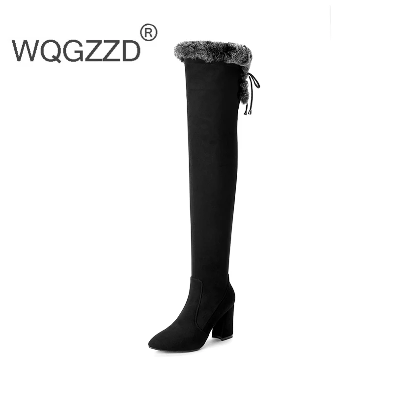 Bottes la Cuisse Flanelle Chaussures Femmes Sur genou Haute Lapin 2019 Beauté Cheveux Hiver Velours Talons Black Nouveaux Mujer x6wpnqCHU