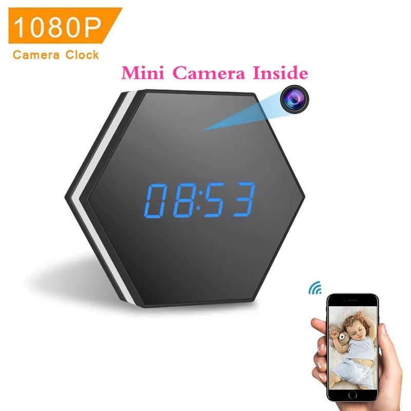 

HD 1080P Mini Camera Clock WiFi Smart Mirror Clock with Night Vision Two Way Audio Motion Detection Colorful LED light