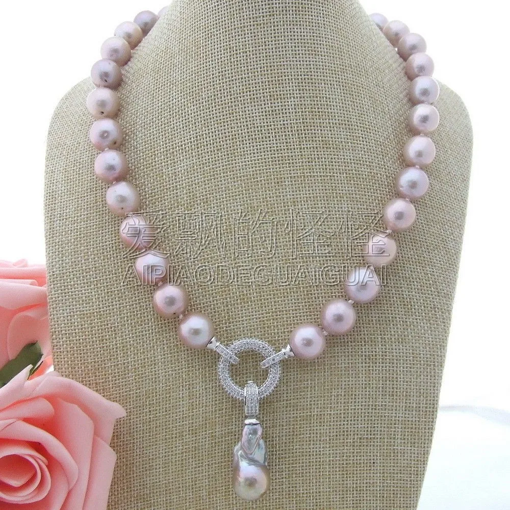 N111301 19 12mm Purple Keshi Pearl Necklace CZ Pendant in Chain 