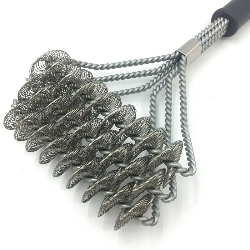 .Stainless Steel Barbecue Grill Cleaner Brush Three Wire Spring With Handle Durable Non-stick Cleaning Brush BBQ Tools lin2276