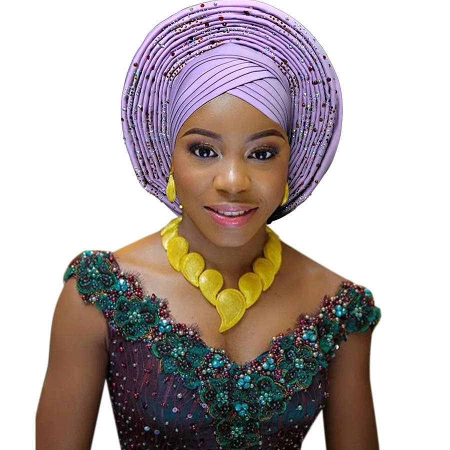 Африканский головной убор нигерийский головной убор с бисером камни Авто геле Африканский гель для свадебной вечеринки