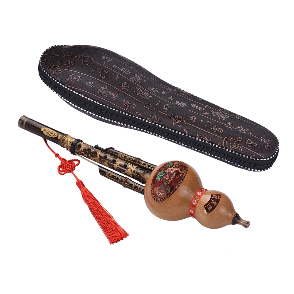 Chinese Handmade Black Bamboo Hulusi Gourd Cucurbit Flute Ethnic Musical Instrument Key of C with Case for Beginner Music Lovers