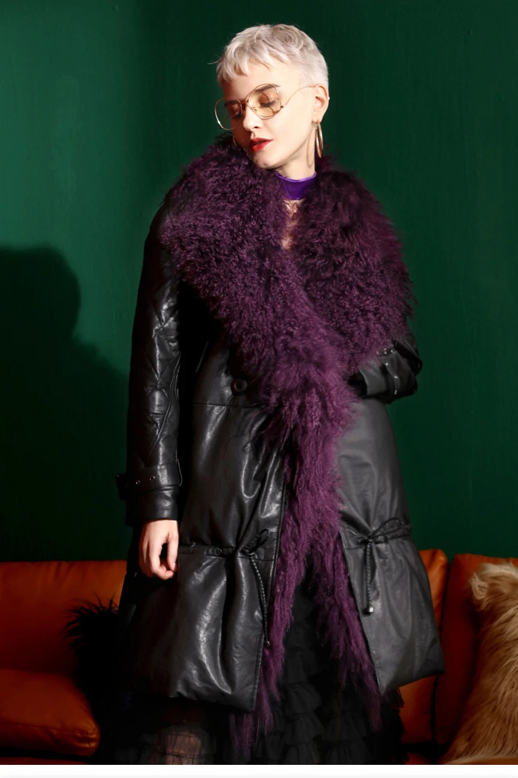 Женская зимняя куртка из овчины с натуральным мехом, розовая куртка из меха ягненка, пуховик из натуральной кожи, мягкий длинный дизайн NPI 90114B