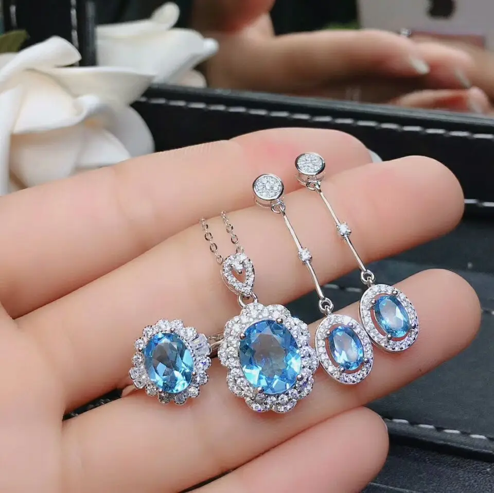 

MeiBaPJ Very Beautiful Natural Sky Blue Topaz Gemstone Jewelry Set 925 Pure Silver 3 Pieces Suit Wedding Jewelry for Women