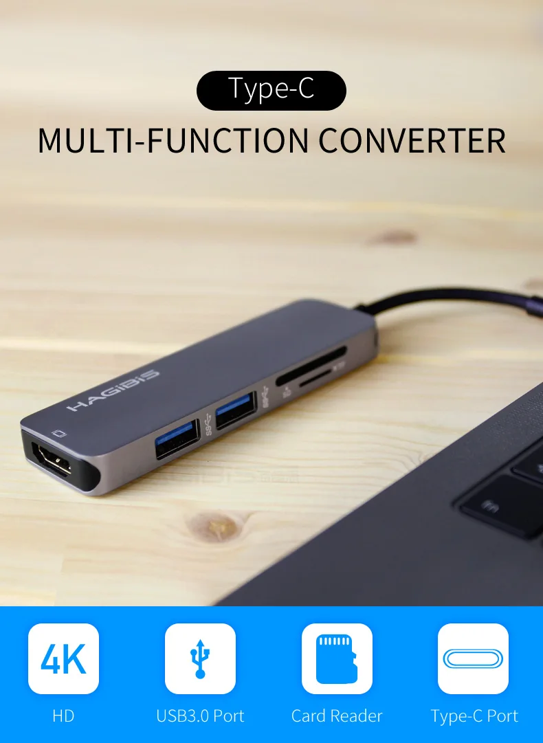 Hagibis Тип type-C USB 3,1 мульти Порты и разъёмы адаптер USB-C к HDMI 4K HD USB 3,0 концентратор 2-Порты и разъёмы SD Card Reader конвертер кабель для Macbook