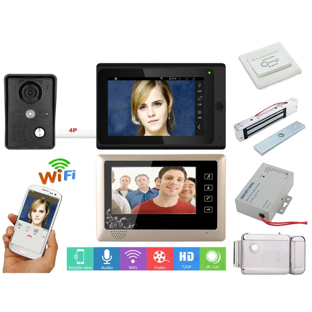 

Home set 7 inch 2 Monitors Wired /Wireless Wifi Video Doorbell Intercom System HD 1000TVL Wired Camera Night+Electric Lock