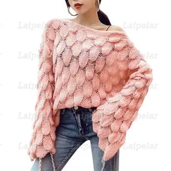 

Women Sweaters Pullovers Laipelar Fashion Hollow Out Flare Sleeve Pineapple Knitting Sweaters Autumn Winter Jumper Tops Femme