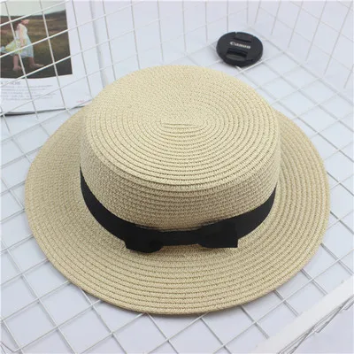 Seioum/ ; соломенная шляпа на плоской подошве для защиты от солнца; шляпа-канотье для девочек; летние женские шляпы с бантом; пляжная соломенная шляпа на плоской подошве; соломенная шляпа; chapeau femme - Цвет: Beige