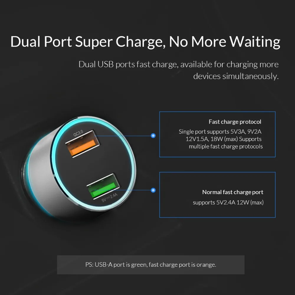 Автомобильное зарядное устройство ORICO QC3.0 30 Вт Max Dual USB для автомобильного