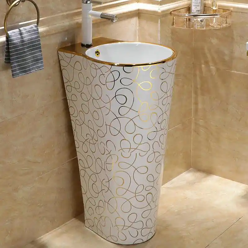 Mosaic Gold Stylish Round Pedestal Sink Ceramic Bathroom Sink With