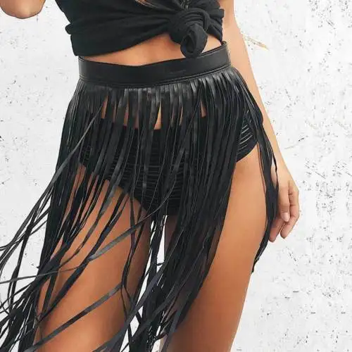 Women Faux Leather Tassel Skirts Fringe High Waist Pencil Short Skirt
