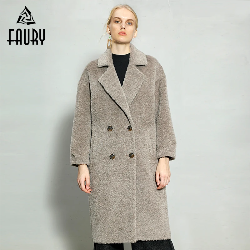Женское Новое двубортное высококачественное пальто из шерсти альпаки, женское длинное мягкое кашемировое пальто Albaka, повседневное толстое теплое зимнее шерстяное пальто