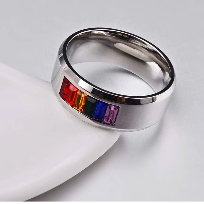 Stainless Steel Rainbow Wedding Band Ring - 6mm Wide, LGBT Pride, Unisex Comfort Fit