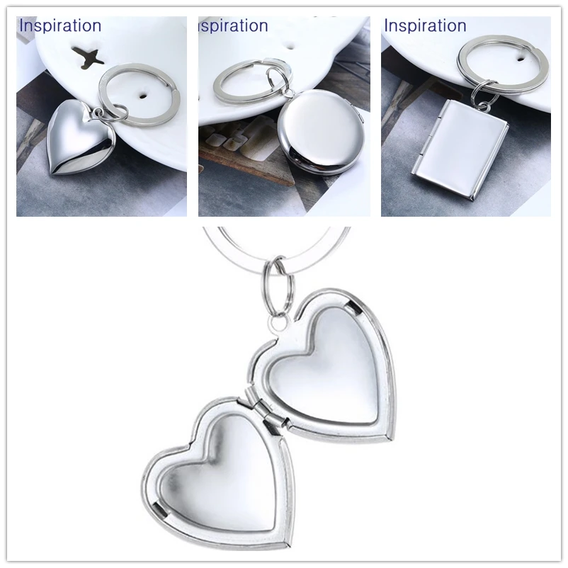 

2019 Mirror Polished Stainless Steel Heart Round Book Shaped Photo Locket Charm Keychain Car Key Ring Memory Locket Key Chain