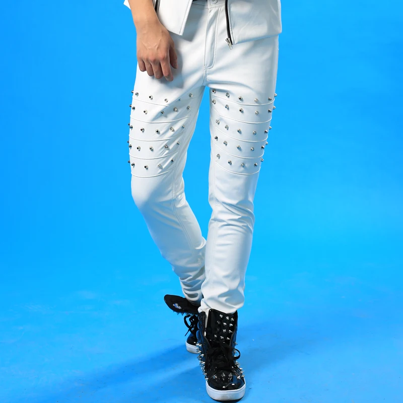 Новая мода мужские панк заклепки брюки мужские DJ DS для певцов в ночном клубе танцевальный сценический шоу брюки - Цвет: Белый