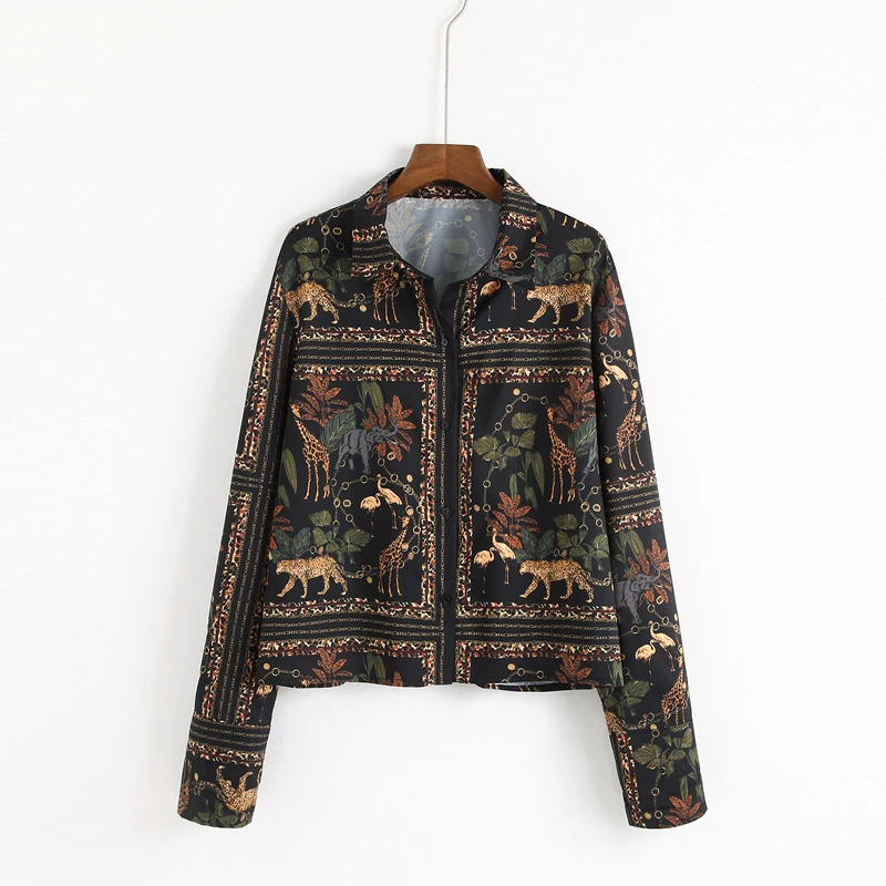 

2019 spring female casual shirt collar long-sleeved animal print shirt