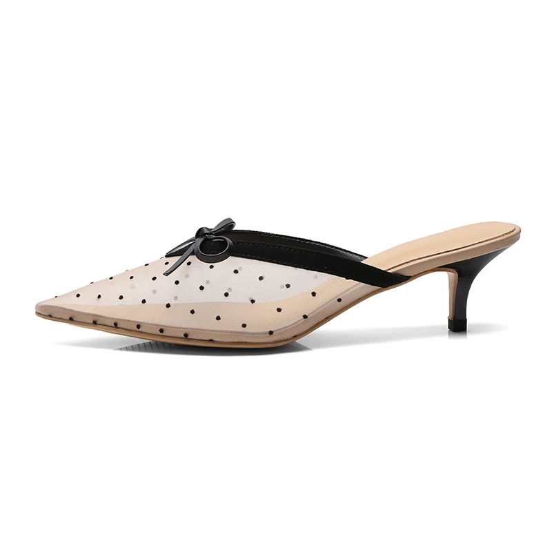 

Mesh Polka Dot Slippers Woman Pointed Toe Footwear Fashion Leather Slides Shoes Female Mules Shoes Women Summer 2019 New