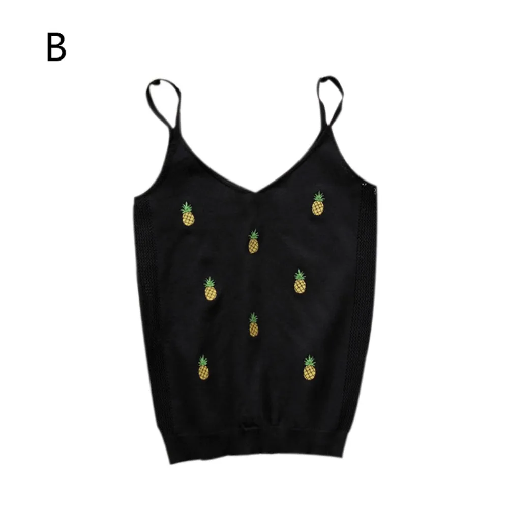 Women summer Pineapple Embroidery Knitting Camisole Vest V-neck Sexy Tank Tops Female Fashion top - Color: B
