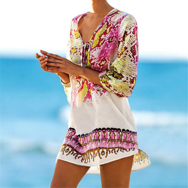 

Women's Summer Beach Dress 2019 Casual Floral Printed Bikini Cover-up Loose Boho Beach Chiffon Tops Short Mini Dressses Hot Sale