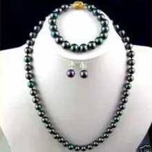 Стиль Природный благородный jewelry8mm Черный Akoya shell Жемчужное Ожерелье Серьги Браслета(C0322