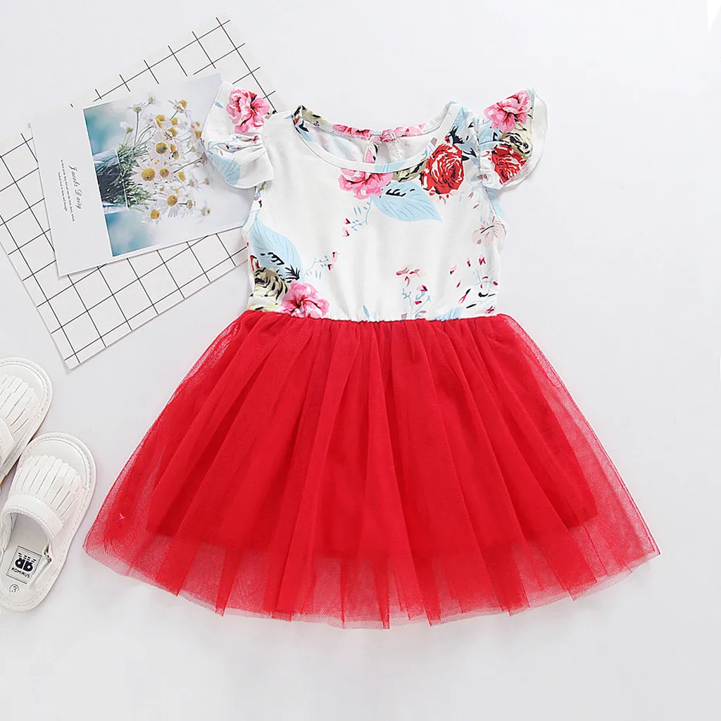 

Girl Dress 2019 New Baby Dresses Kid Girls Short Sleeve O-Neck Flower Print Button Lace Party Princess Short Dress Clothes