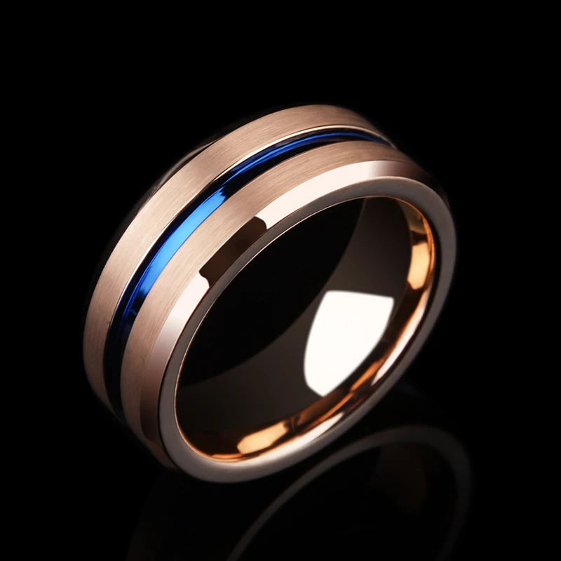 New Arrival 8MM Width Rose Gold Man's Jewelry Rings Tungsten Carbide Band with Thin Blue Groove and Brushed Finishing Size 7-11