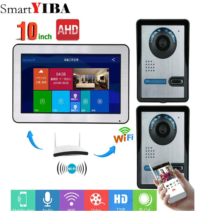 1006BFA21 SmartYIBA 10 дюймов проводной/Wifi смарт-видео-звонок Дверной домофон Системы, 1 xTouch Экран для контроля уровня сахара в крови с 2x720 P проводной дверная камера телефон - Цвет: 1006BFA21