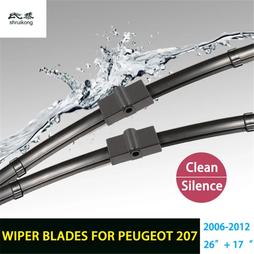 

Free shipping 2pcs/lot car styling stickers Wiper blades for Peugeot 207 (2006-2012) 26"+17" fit side pin type wiper arms only