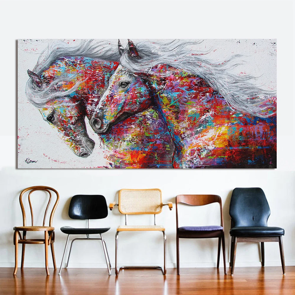 

Hand Painted Wall Art Picture Canvas Oil Painting Animal Home Decor The Two Running Horse Canvas Home Thick Text Oil Painting