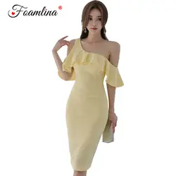 Foamlina для женщин платья для вечеринок Мода 2018 г. желтый вечернее платье для клуба летние пикантные с открытыми плечами рюшами Midi Bodycon платье