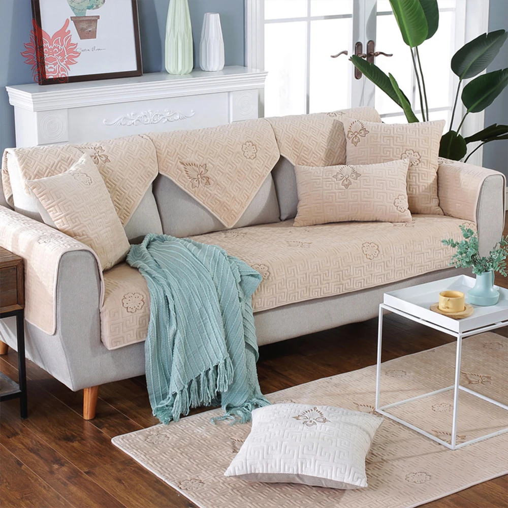 Beige coffee floral embroidery geometric quilted velvet slipcovers sofa cover for living room