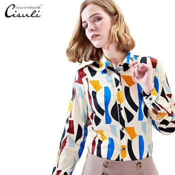 

CISULI Shirt Women Summer Shirts Printed Silk Shirts Office Lady Blouse Long Sleeve Shirts