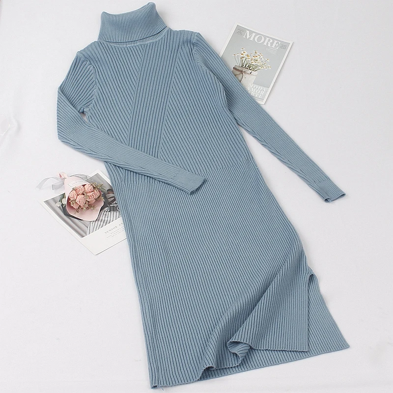 

GIGOGOU Turtleneck Women Sweater Dress Mid-Calf Long Autumn Winter Thick Warm Female Dresses Slim Soft Rib Knitted dresses