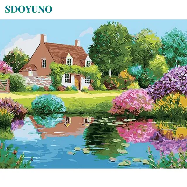 Cottage pond painting by numbers set Hobby Paint