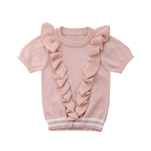 

0-4Y Toddler Baby Kids Girls Cotton Short Sleeve Ruffle Pullover O-neck Tops Sweater Cardigan Clothes Outfits Child Clothing