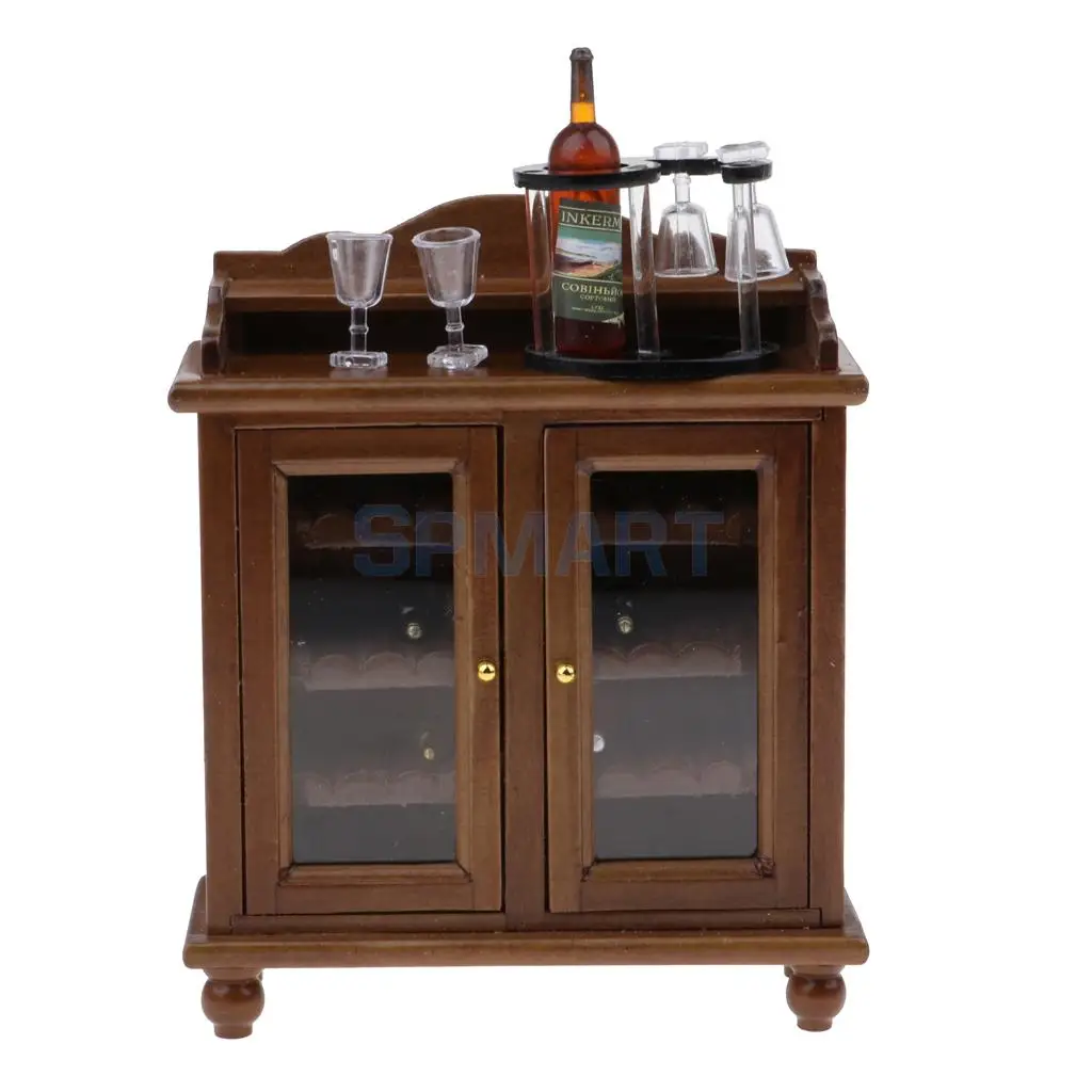 Vintage 1/12 Dollhouse Miniature Furniture Wine Cabinet with Bottles Wine Glass Model Collectibles