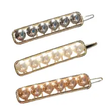 Women Ladies Korean Style Metal Alloy Straight Hair Clips Hollow Out Glitter Faux Pearl Inlay Decor Hairpins Ponytail Holder faux sapphire alloy hollow out floral barrette