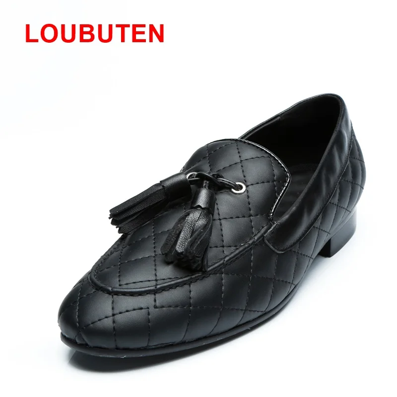 LOUBUTEN Luxury Black Leather Loafers Fashion Round Toe Slip-on Man Shoes Noble Plaid Tassel Men Dress Shoes Casual Flats