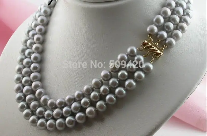 

W&O667 >>3 ROW AAA 9 MM tahitian silver gray pearl necklace 14K gold clasp