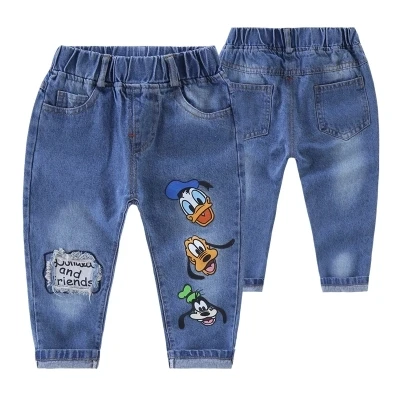 Весенние детские джинсовые штаны джинсы с рисунком для маленьких мальчиков и девочек от 2 до 7 лет повседневные длинные брюки с эластичной резинкой на талии