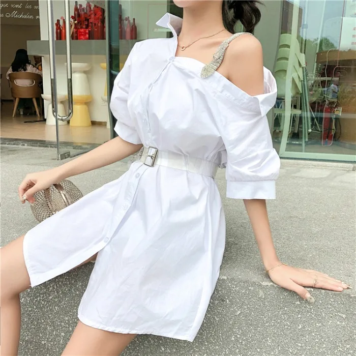 

2019 New Arrival Women Short sleeve Sexy Slash Neck Diamond shoulder strap Shirt Dress Casual Summer Dress vestidos
