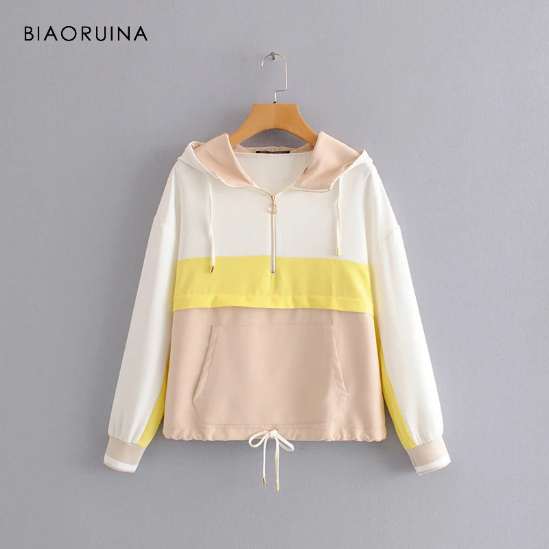 

BIAORUINA Women Contrast Color Casual Loose Hooded Jacket Coat Female Fashion Outerwear Summer Sunscreen All-match Coats