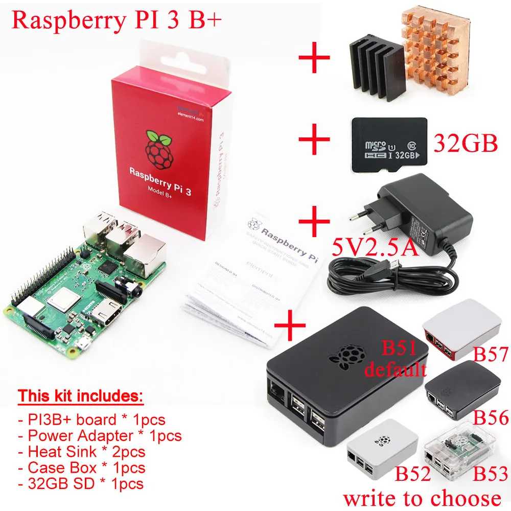 32 Гб sd-карта+ Raspberry Pi 3 Model B+ плюс плата+ теплоотвод+ адаптер питания Блок питания переменного тока - Комплект: Комплект 2