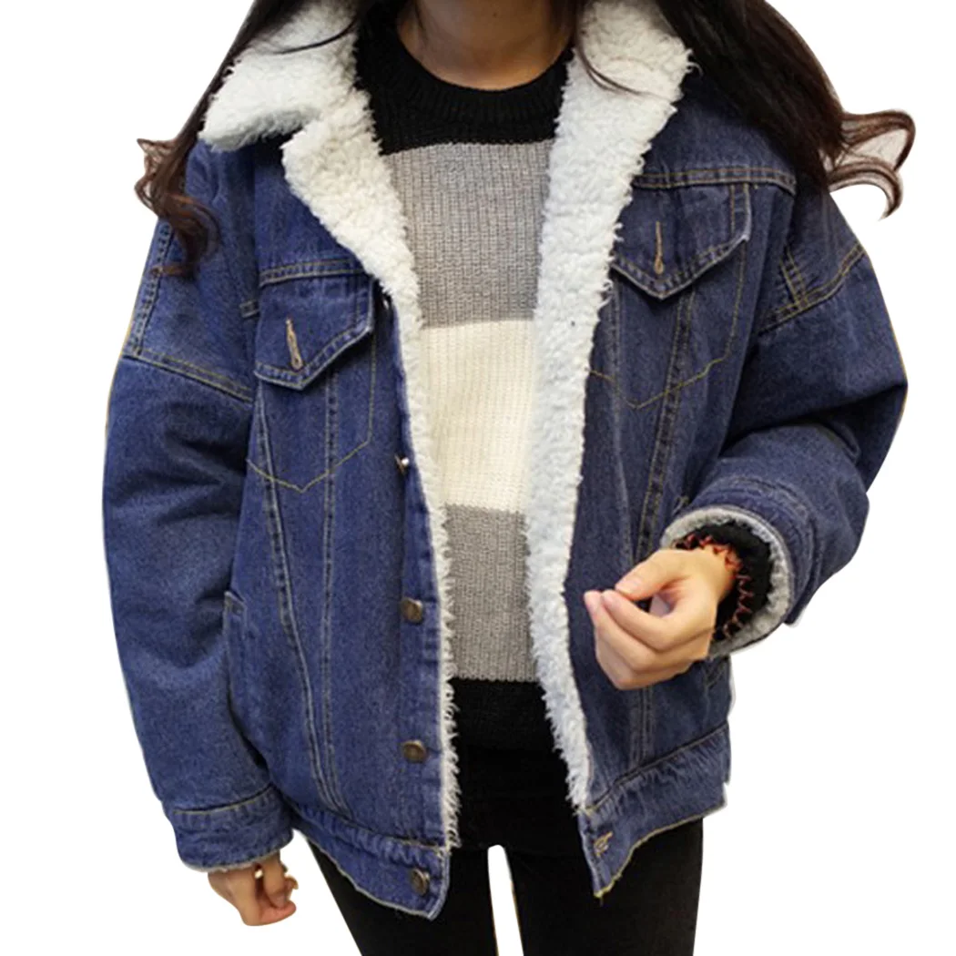 Fashion Denim Jacket Autumn Winter Women Fleece Jean Coat With Pockets ...