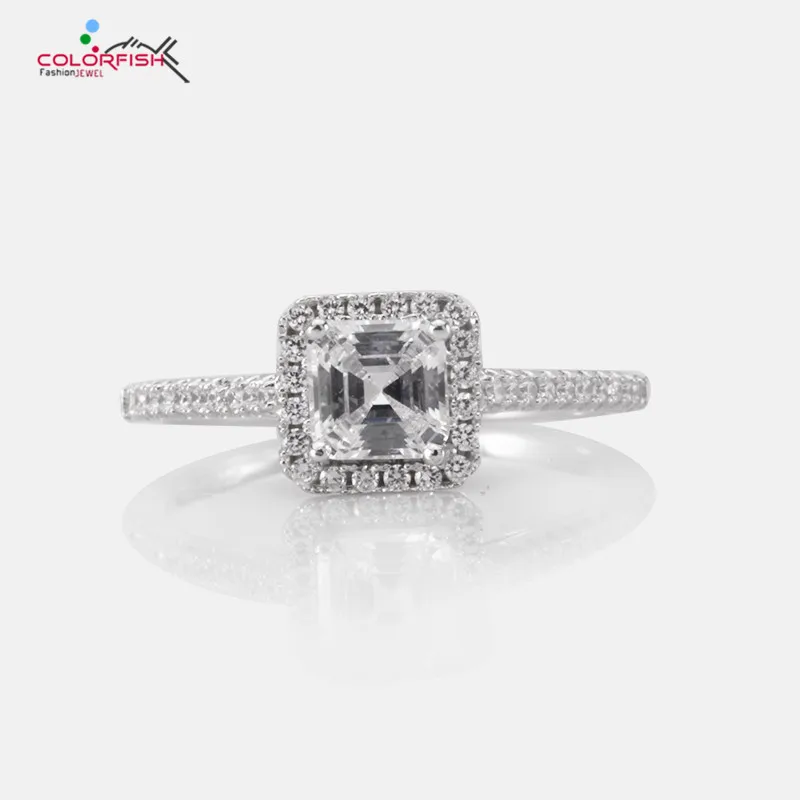 COLORFISH 1 Carat Asscher Cut Engagement Ring For Women Elegant Wedding Anniversary Jewelry Female 925 Sterling Silver Halo Ring