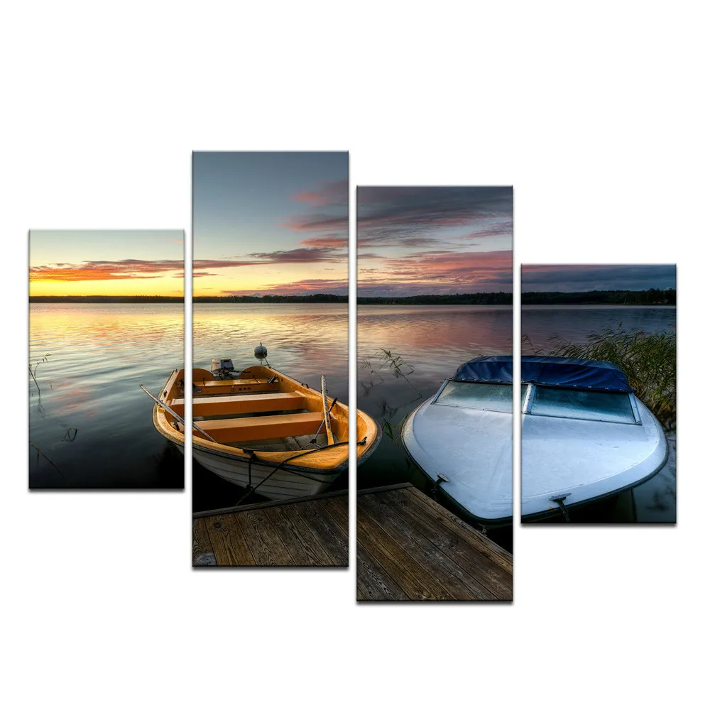 4Pcs landscape Painting Nice Lake Boat Art HD Picture Modern Home Living Room Wall Decor Canvas Print Oil Unframed | Дом и сад