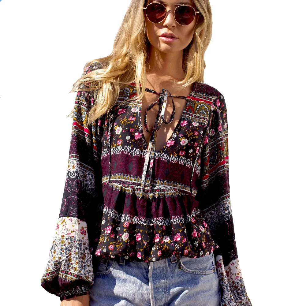 Tanie Lato Bluzka Z Długim Rękawem Kobiety Boho Zasznurować V Neck Cotton bluzka Top Blusas De Mujer Femme Tropical Flower Floral Bluzki Koszulowe