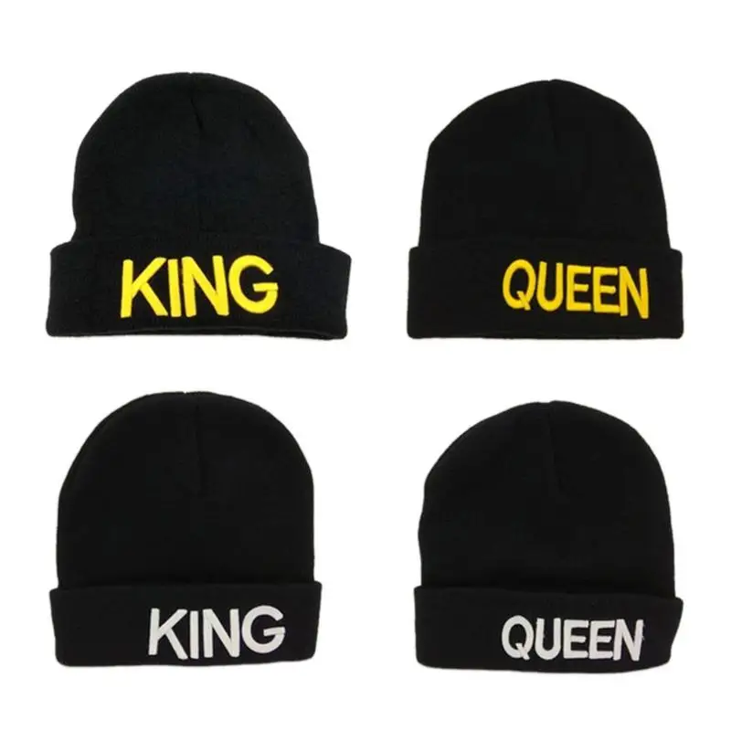 

KING QUEEN Print Couple Warm Hat Cap Winter Knitted Hats 2018 Fashion Women Men Letters Black White Beanies Lover Hats Caps